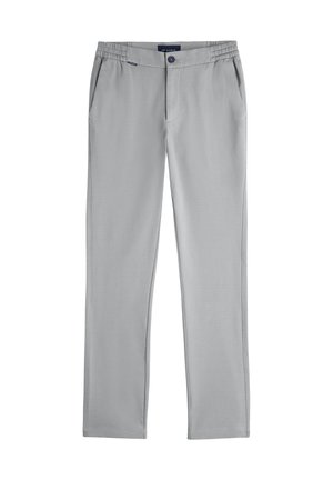 Light grey straight-leg pants with elastic waist sections, side pockets, button closure, and a branded label at the waistband.