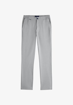 Light grey straight-leg pants with elastic waist sections, side pockets, button closure, and a branded label at the waistband.