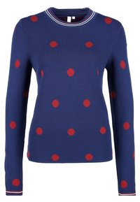 Maglione a maniche lunghe blu navy con pois rossi, colletto a costine con strisce bianche e rosse e una silhouette aderente.