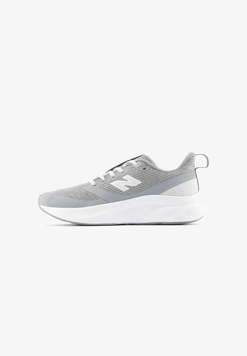 Gray athletic shoe with a mesh upper, white midsole, and minimal black accents. Features classic lace-up design and textured detailing.