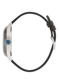 Apaļa pulksteņa korpuss no nerūsējošā tērauda, skaidrs stikls, melna gumijas siksna, zilas akcenti uz krona, minimālistisks dizains un bez redzamām atzīmēm.