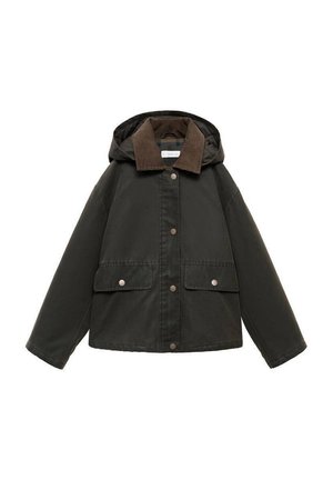 Veste vert foncé avec un col en velours côtelé marron, dotée d'une capuche, de boutons pression et de deux poches avant. Texture lisse et design décontracté.