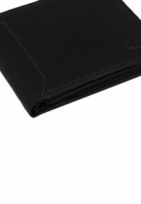 Portefeuille en cuir noir avec des coutures visibles, design plié et texture lisse. Doté d'un logo subtil et de détails accentués minimalistes.