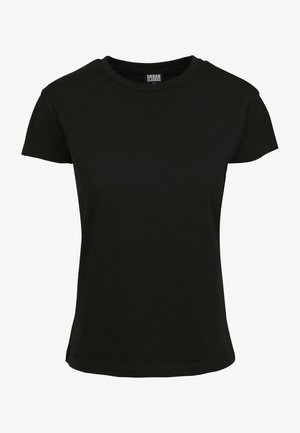 Camiseta negra de manga corta hecha de algodón. Tiene un cuello redondo y un ajuste estándar con una textura suave. Sin patrones ni acentos visibles.