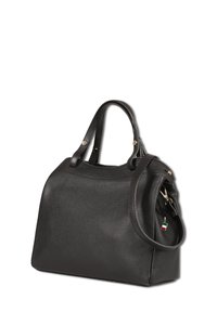 Sac en cuir noir texturé avec deux poignées, une bandoulière amovible et un tirette de fermeture éclair en forme de petite flamme italienne.