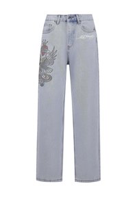 Light blue denim jeans with a straight cut, featuring colorful embroidered designs of wings and a crown on the front.