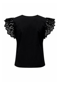 T-shirt noir avec des manches courtes en dentelle texturée à volants. Le tissu a une finition lisse et un design à col rond classique.