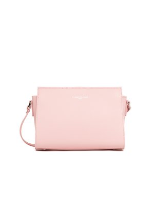Pink leather handbag with a structured rectangular design, featuring a shoulder strap and embossed logo on the front.