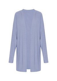 Jasnoniebieski kardigan z długim rękawem, z otwartym przodem, o żebrowanej fakturze i luźnym kroju. Bez zapięć, o prostych liniach i minimalnych detalach.