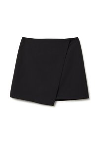 Mini-jupe noire asymétrique à nouer, avec des lignes épurées sur fond blanc.