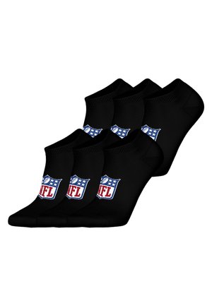 Black ankle socks featuring a multicolor NFL logo on the outer side; four pairs displayed, with soft fabric and ribbed cuffs.