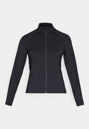 Giacca nera a maniche lunghe con zip e colletto alto, realizzata in materiale liscio e stretch, con maniche raglan e logo minimal.