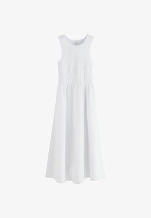 Weißes ärmelloses Midikleid mit strukturiertem Oberteil und geraffter Taille, ausgestattet mit rundem Halsausschnitt und fließendem Rock.