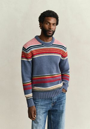 Mann mit Bart, der einen blau, rot, weiß und gelb gestreiften Pullover und blaue Jeans trägt, steht vor einem schlichten, hellen Hintergrund.