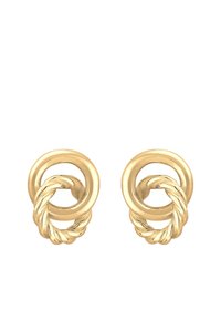 Gold metal earrings featuring intertwined circular designs, one larger circle linked to a smaller one, with a twisted rope accent.