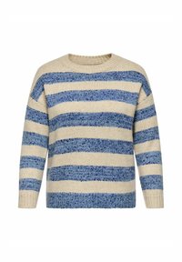 Gebreide trui met horizontale strepen in blauw en beige, voorzien van een ronde hals en lange mouwen. De textuur lijkt zacht en chunky.