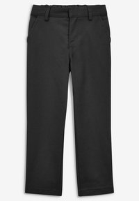 Pantalon noir en tissu lisse à jambe droite, avec poches avant et taille plate avec passants de ceinture.