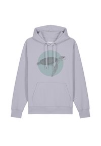 Lichtpaarse hoodie met een voorzak, voorzien van een zwart-wit schildpaddontwerp binnen een cirkelvormige blauw-groene accent.