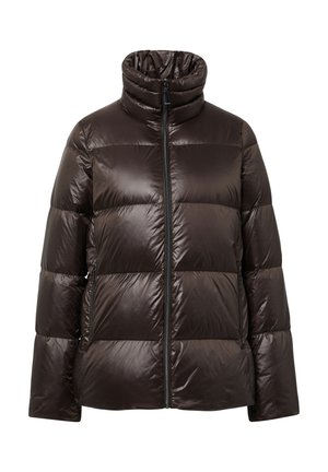 Bruine pufferjas met een hoge kraag, gequilt ontwerp, volledige rits aan de voorkant en zijzakken. Glad, glanzend materiaal met een licht metallic afwerking.