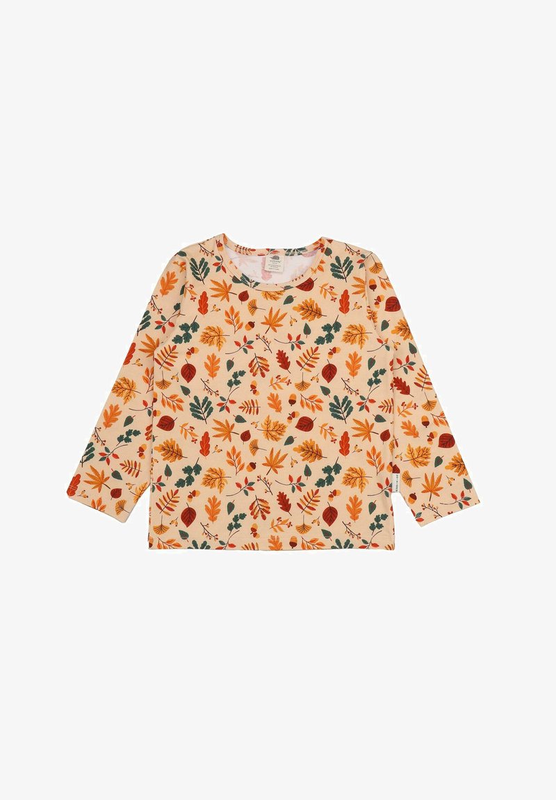 Cream long-sleeve shirt with an all-over pattern of orange, red, and green leaves and berries. Round neck and soft fabric texture.