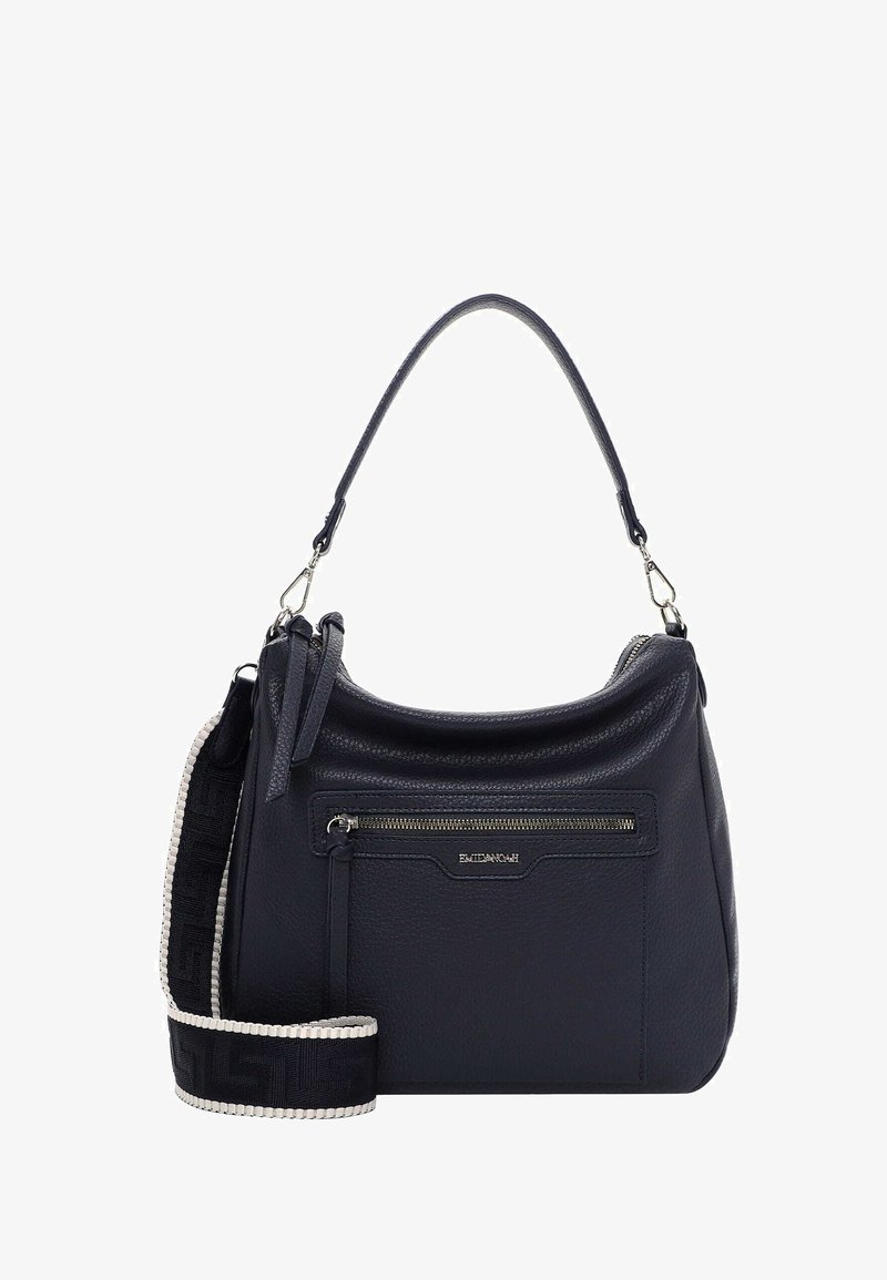 Sac à main en cuir noir avec poche zippée argentée, bandoulière amovible et courte poignée, forme rectangulaire à structure souple.