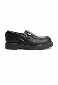 Black leather chunky sole loafer with a large buckle strap, contrast stitching, and a textured rubber outsole.