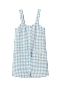 Modré a bílé kostkované šaty vyrobené z texturované tkaniny, s předním zapínáním na knoflíky, širokými ramínky a dvěma předními kapsami.