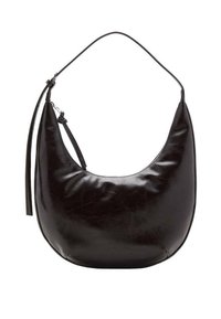 Czarna skórzana torba hobo o gładkiej, miękkiej fakturze, o zaokrąglonym kształcie i długim pasku na ramię. Posiada elegancki, minimalistyczny design.