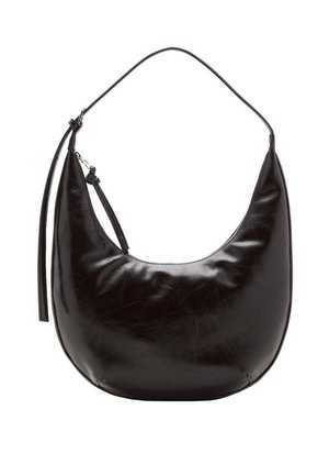 Black leather hobo bag with a smooth, soft texture, a curved shape, and a long shoulder strap. Features a sleek, minimalistic design.