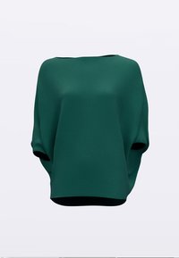 Grünes, strukturiertes Oberteil mit lockerem, drapiertem Design, rundem Ausschnitt und kurzen Ärmeln; verfügt über ein dezentes Rippmuster und abgerundeten Saum.