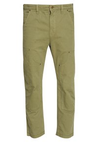 Casual olijfgroene broek met meerdere zakken, riemlussen, knoopsluiting en verstevigde kniestukken.
