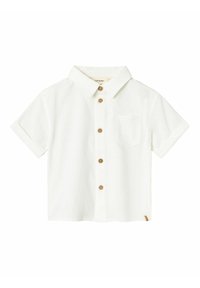 Biała koszula z krótkimi rękawami, wykonana z teksturowanej tkaniny. Posiada kołnierzyk ze szpicami, kieszeń na piersi oraz drewniane guziki z przodu.