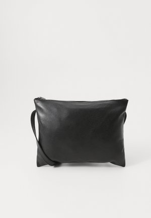 Black leather clutch bag with a textured surface, rectangular shape, top zipper closure, and an attached wrist strap.