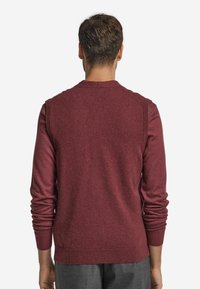 Bordeauxroter Pullover mit langen Ärmeln, rundem Ausschnitt und geripptem Saum sowie Bündchen. Weiche Textur mit minimaler Detailgestaltung, von hinten betrachtet.
