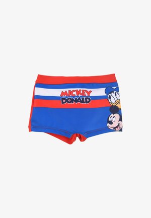 Boys' swim shorts in red, blue, and white, featuring cartoon graphics of Mickey Mouse and Donald Duck, with an elastic waist and soft texture.