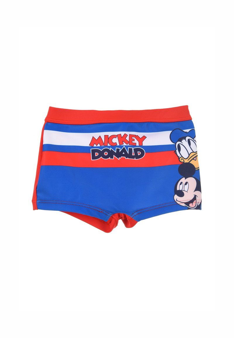 Boys' swim shorts in red, blue, and white, featuring cartoon graphics of Mickey Mouse and Donald Duck, with an elastic waist and soft texture.