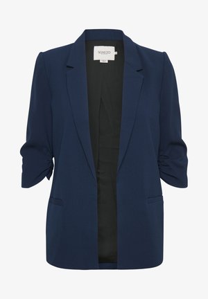 Marineblå blazer lavet af glat stof, med åben front, opsmøgede ærmer og to forlommer. For i sort.