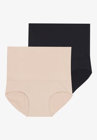 Two pairs of women's underwear: one beige and one black, made of smooth fabric with a high-waisted design and seamless edges.