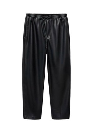 Pantalones sintéticos negros y brillantes con cintura elástica y cordón. Con longitud corta y dos bolsillos laterales. Textura suave.