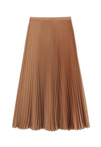 Plisovaná midi sukňa v svetlohnedej farbe, vyrobená z jemnej tkaniny, s pravidelnými vertikálnymi sklady a elastickým pásom.