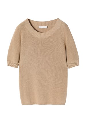 Bēšs adīts džemperis ar īsām piedurknēm, plašu apaļu kakla izgriezumu un ribotu tekstūru. Vienkāršs dizains ar brīvu piegriezumu, bez redzamām rakstām vai akcentiem.