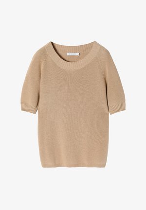 Suéter de punto beige con mangas cortas, un amplio escote redondo y textura acanalada. Diseño simple con un corte holgado, sin patrones o acentos visibles.