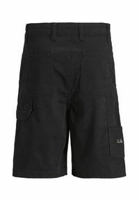 Zwarte cargoshorts van duurzame stof, met meerdere zakken, een brede tailleband en een relaxte pasvorm met een soepele textuur.