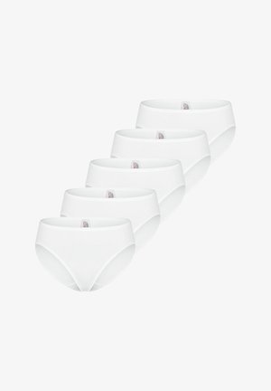 Fünf weiße Baumwollslips in versetzter Reihe, die Vorderseite und den Bund mit sichtbaren Pflegehinweisen innen zeigen.