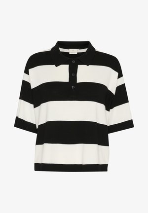 Fekete-fehér csíkos pólóing, rövid ujjú, galléros, három gombos záródás, kötött textúrájú, kontrasztos színű csíkokkal.