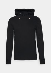 Felpa con cappuccio nera in tessuto morbido, con cappuccio regolabile con coulisse, maniche lunghe e due bottoni a pressione decorativi in argento sul davanti.