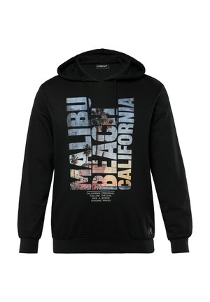 Sudadera negra con un gráfico frontal que dice "MALIBU BEACH CALIFORNIA" en letras negritas. El material es de felpa con un ajuste holgado.