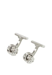 Cufflinks kanssa hopeanvärinen solmumuotoilu, joissa on kiillotettu pinta ja t-tanko kiinnitys. Sileä tekstuuri ja pyöreä muoto.
