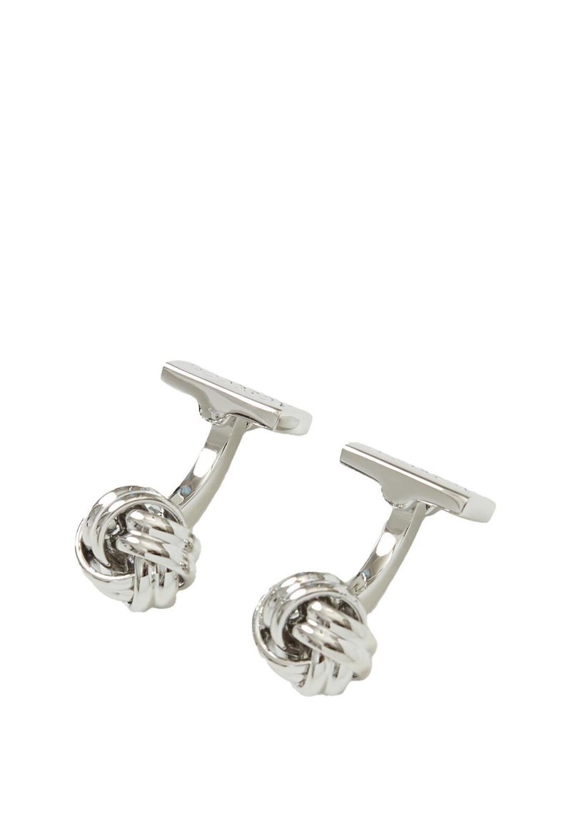 Cufflinks kanssa hopeanvärinen solmumuotoilu, joissa on kiillotettu pinta ja t-tanko kiinnitys. Sileä tekstuuri ja pyöreä muoto.