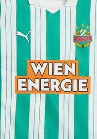Grön- och vitrandig tröja med vit krage. Har en Puma-logotyp och en patch med "RAPID" och två stjärnor. Orange text lyder "WIEN ENERGIE."